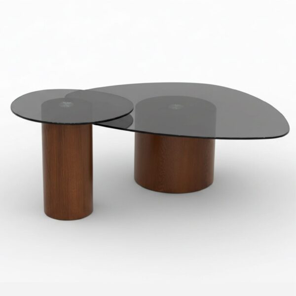 ENSEMBLE DE 2 TABLES BASSES SPOON VITRE FUME GRIS SOCLE NOYER - Ensemble