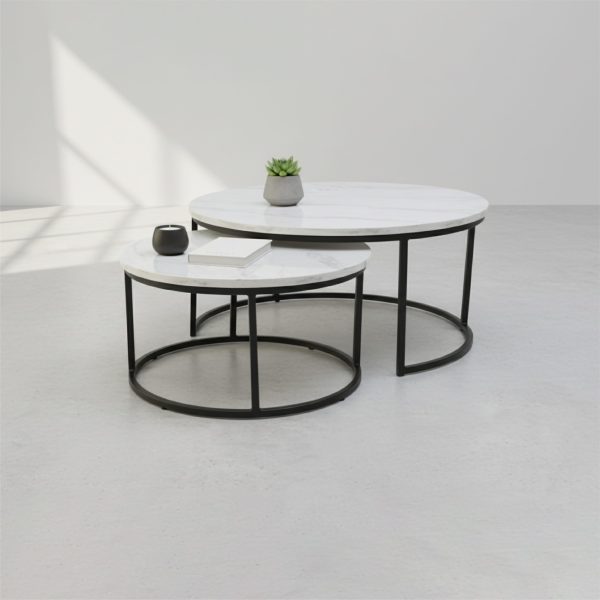 ENSEMBLE DE 2 TABLES BASSE PANAMA MARBRE SOCLE NOIR