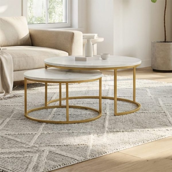 ENSEMBLE DE 2 TABLES BASSE PANAMA MARBRE SOCLE DORE