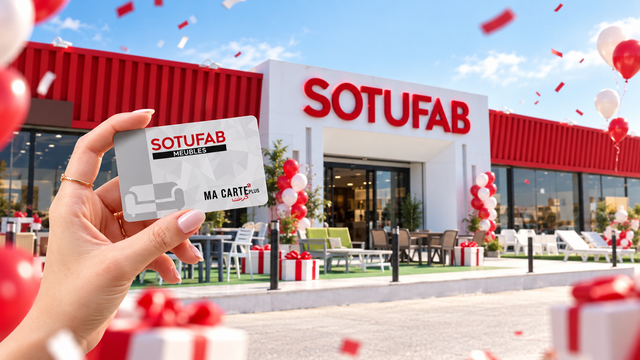Carte de fidélité SOTUFAB devant un showroom décoré pour les 39 ans